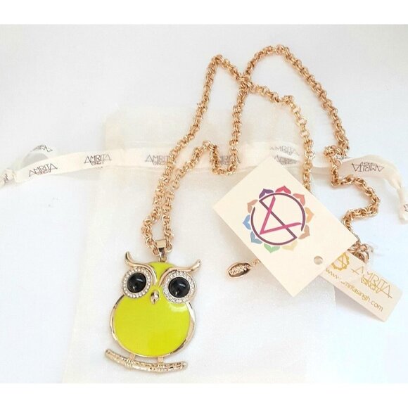 NWT Amrita Singh Yellow Owl Austrian Crystal Pendant Gold Tone 30" Necklace NEW - Picture 1 of 8
